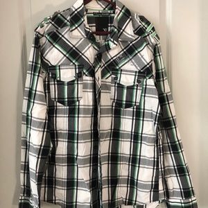 7 Diamonds Black/green plaid button down